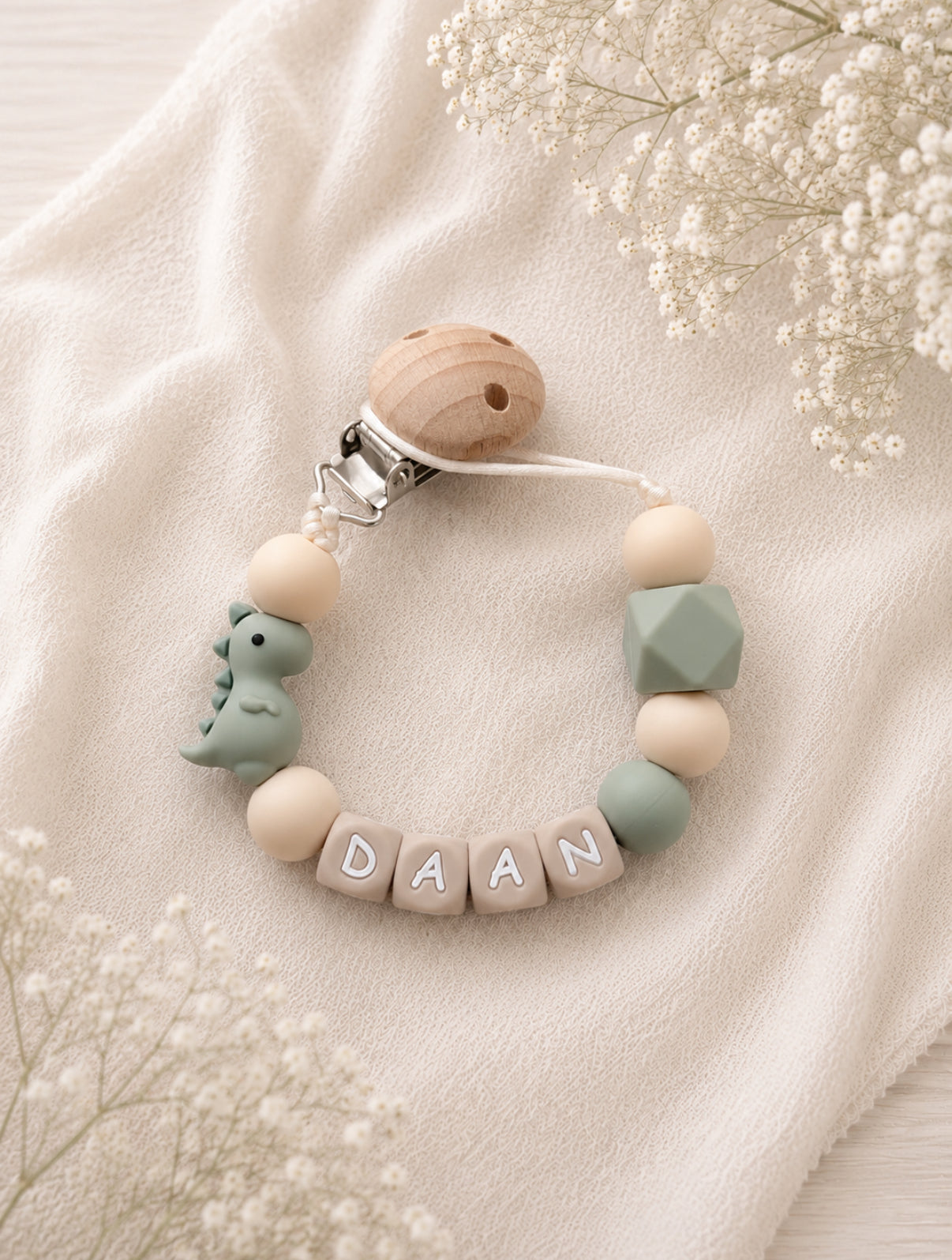 Speenkoord met naam | Dino | Oud Groen Beige