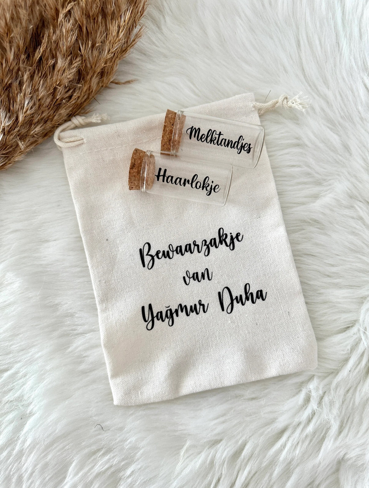Opbergzakje met glazen buisjes Melktandjes & Haarlokje