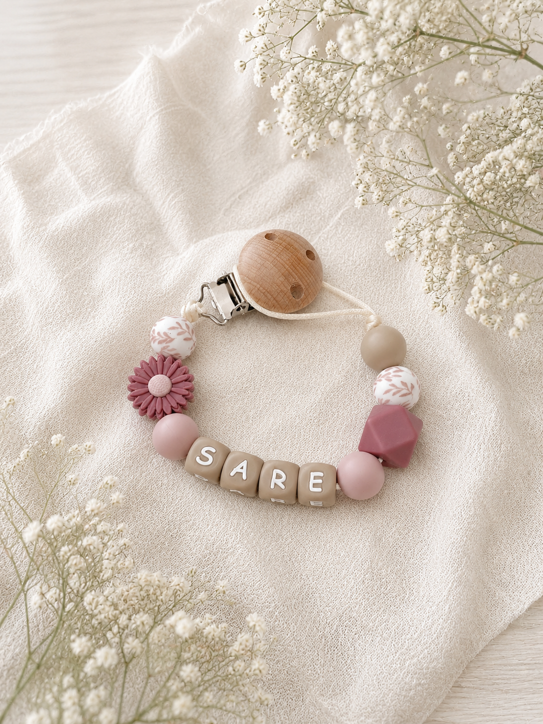 Speenkoord met naam | Bloemetje | Oud Roze Beige